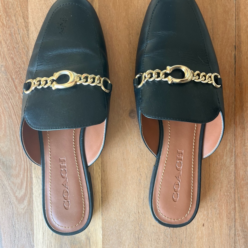 Coach Black and Gold Chain Mules